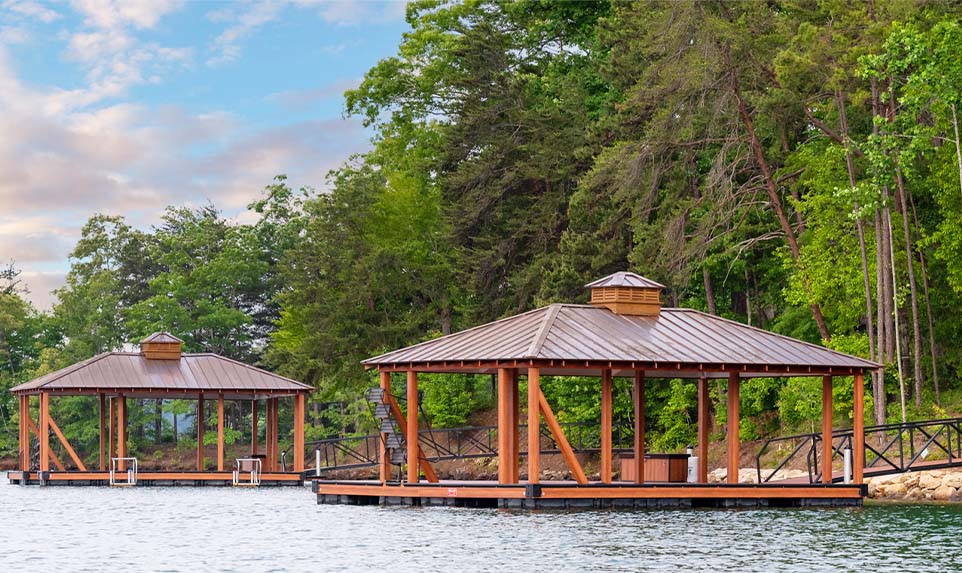 Custom docks by Kroeger Marine designed for lakefront properties, blending functionality and aesthetics