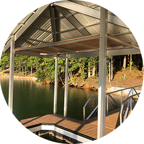 Custom dock featuring a dock loft by Kroeger Marine, offering additional storage and space for waterside convenience